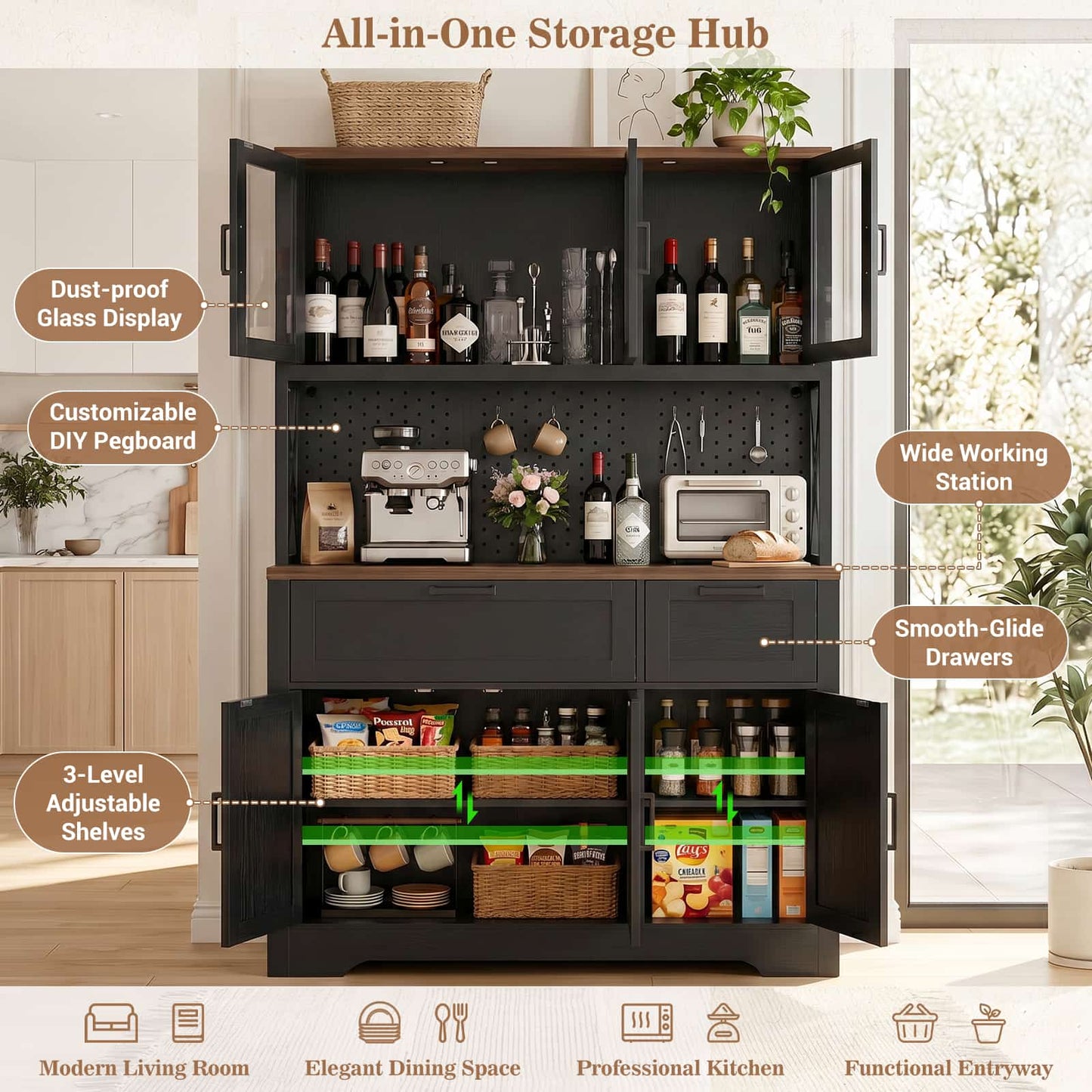 71'' Tall Farmhouse Pantry Storage Cabinet with Drawers, Charging Station, and Adjustable Shelves