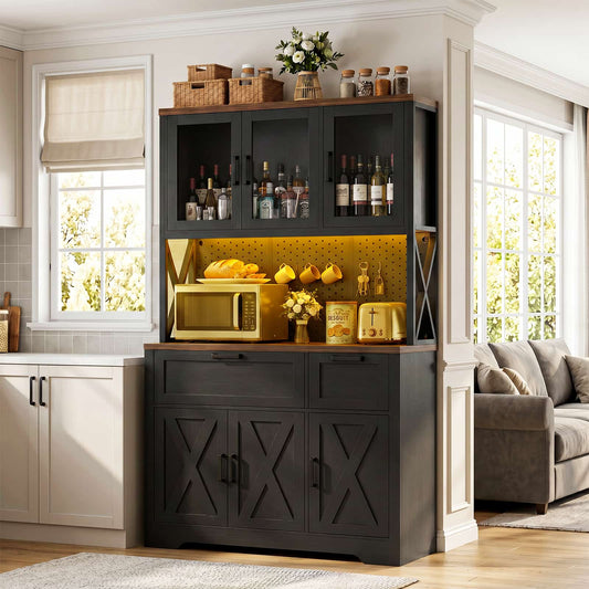 71'' Tall Farmhouse Pantry Storage Cabinet with Drawers, Charging Station, and Adjustable Shelves