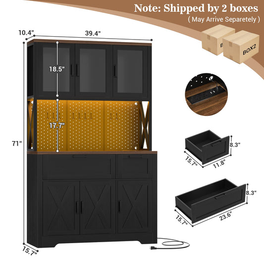 71'' Tall Farmhouse Pantry Storage Cabinet with Drawers, Charging Station, and Adjustable Shelves