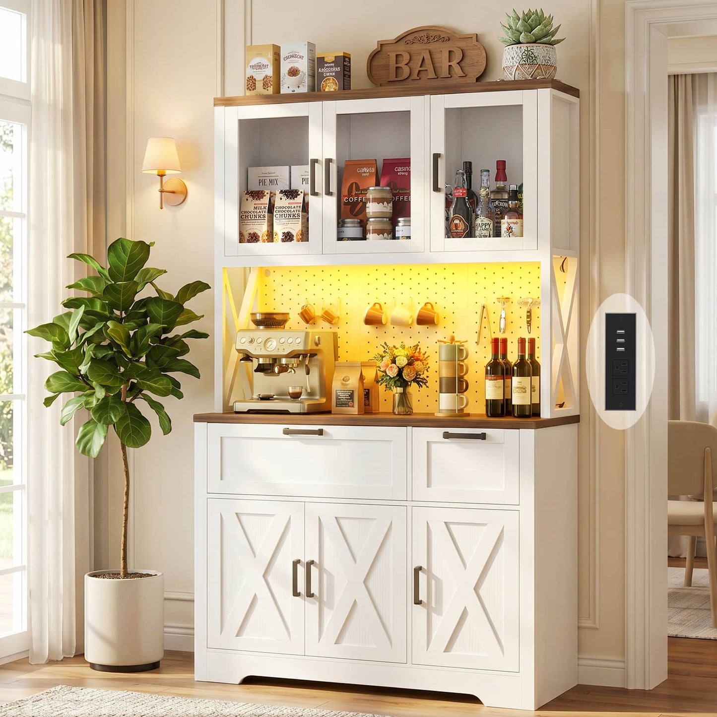 71'' Tall Farmhouse Pantry Storage Cabinet with Drawers, Charging Station, and Adjustable Shelves