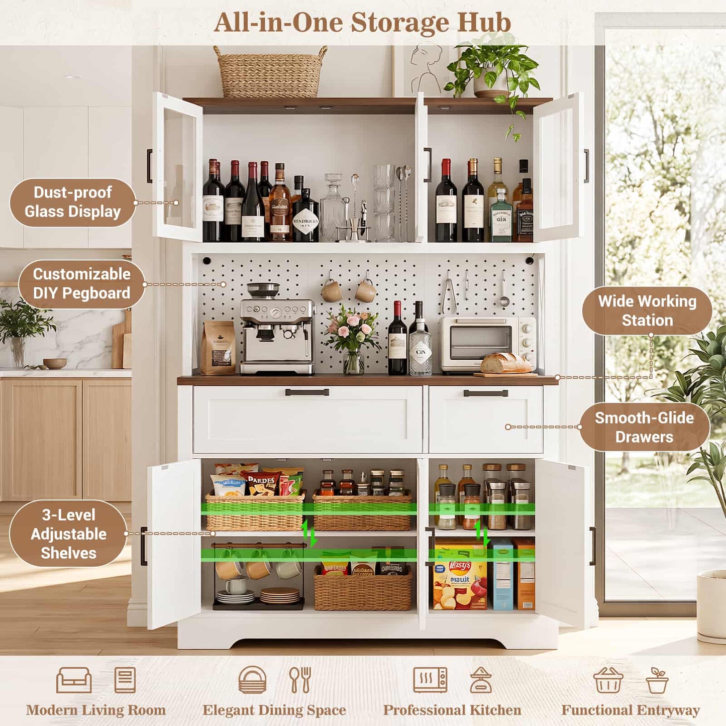 71'' Tall Farmhouse Pantry Storage Cabinet with Drawers, Charging Station, and Adjustable Shelves