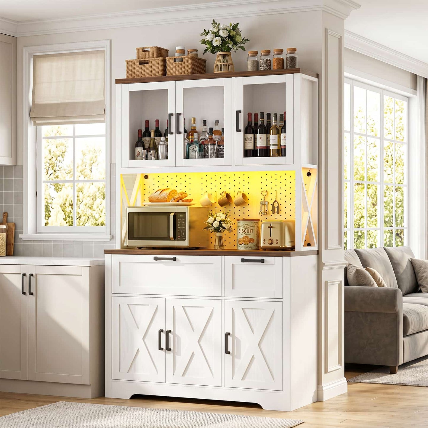 71'' Tall Farmhouse Pantry Storage Cabinet with Drawers, Charging Station, and Adjustable Shelves