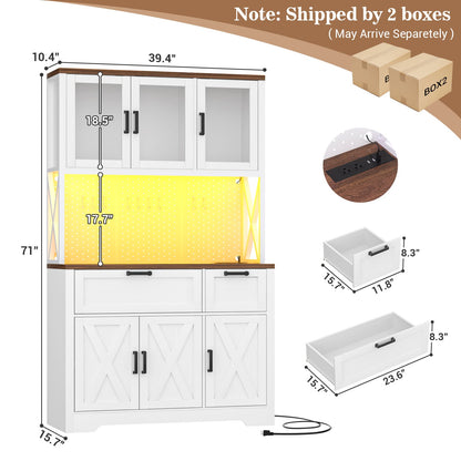 71'' Tall Farmhouse Pantry Storage Cabinet with Drawers, Charging Station, and Adjustable Shelves