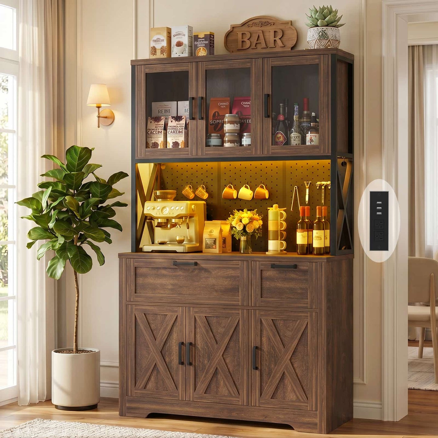 71'' Tall Farmhouse Pantry Storage Cabinet with Drawers, Charging Station, and Adjustable Shelves