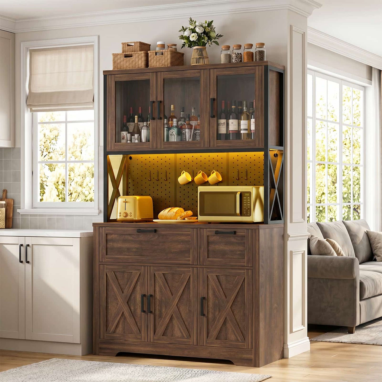 71'' Tall Farmhouse Pantry Storage Cabinet with Drawers, Charging Station, and Adjustable Shelves