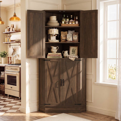 70" Tall Corner Pantry Cabinet, Farmhouse Kitchen Storage Cupboard with 4 Barn Doors, Drawer & Adjustable Shelves