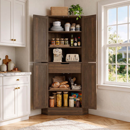 70" Tall Corner Pantry Cabinet, Farmhouse Kitchen Storage Cupboard with 4 Barn Doors, Drawer & Adjustable Shelves