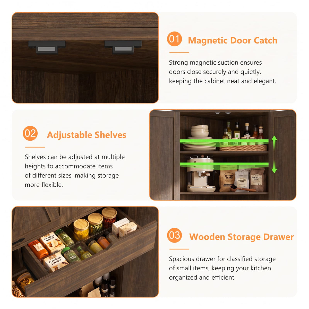 70" Tall Corner Pantry Cabinet, Farmhouse Kitchen Storage Cupboard with 4 Barn Doors, Drawer & Adjustable Shelves