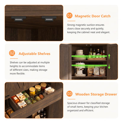 70" Tall Corner Pantry Cabinet, Farmhouse Kitchen Storage Cupboard with 4 Barn Doors, Drawer & Adjustable Shelves