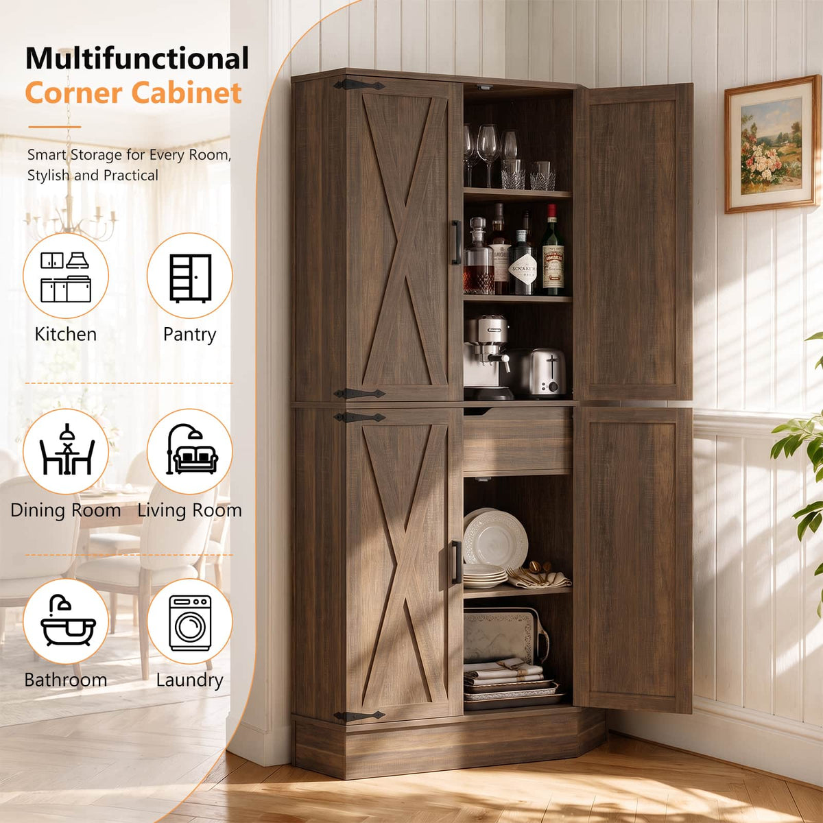 70" Tall Corner Pantry Cabinet, Farmhouse Kitchen Storage Cupboard with 4 Barn Doors, Drawer & Adjustable Shelves