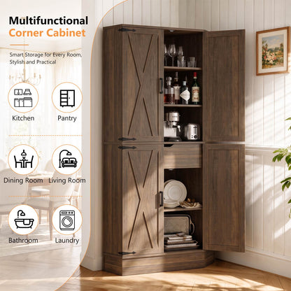 70" Tall Corner Pantry Cabinet, Farmhouse Kitchen Storage Cupboard with 4 Barn Doors, Drawer & Adjustable Shelves