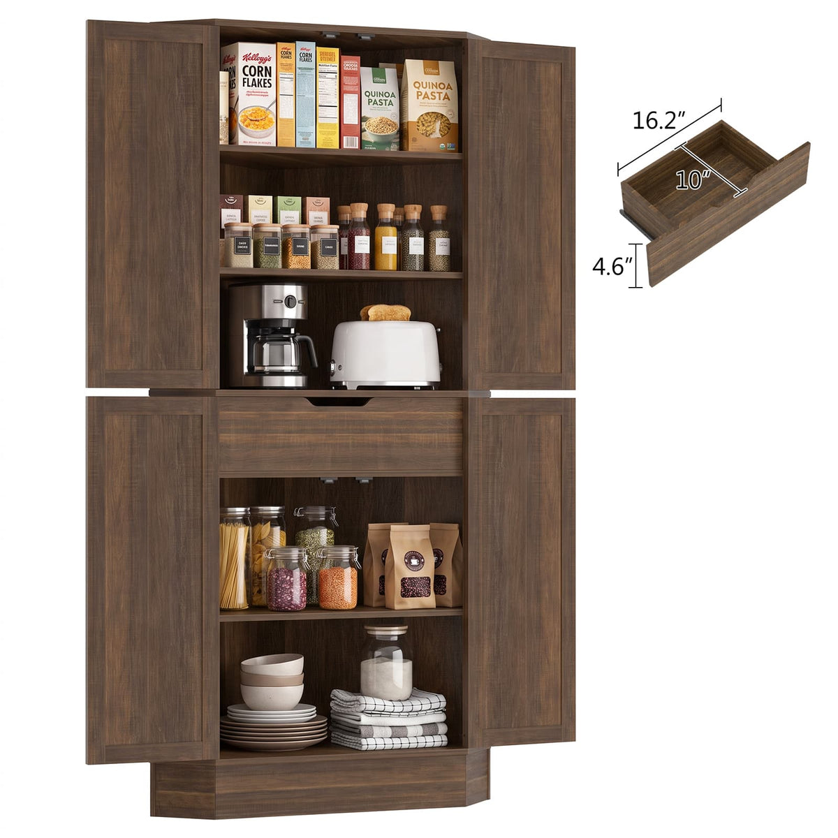 70" Tall Corner Pantry Cabinet, Farmhouse Kitchen Storage Cupboard with 4 Barn Doors, Drawer & Adjustable Shelves