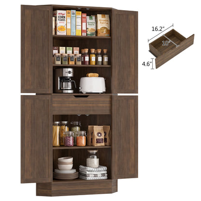70" Tall Corner Pantry Cabinet, Farmhouse Kitchen Storage Cupboard with 4 Barn Doors, Drawer & Adjustable Shelves