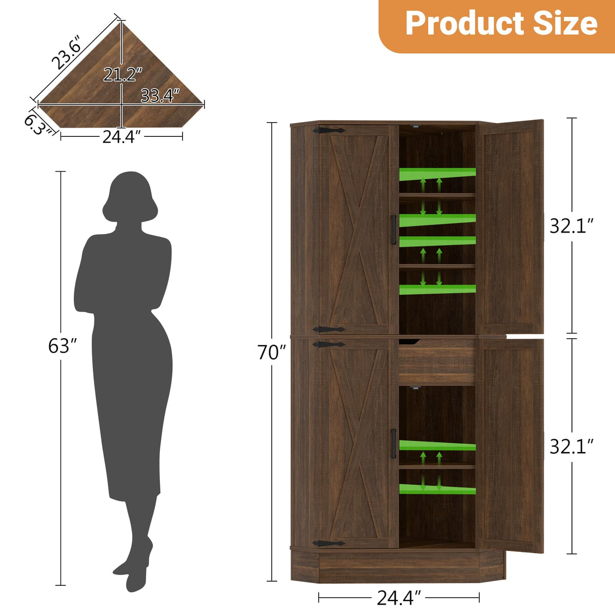 70" Tall Corner Pantry Cabinet, Farmhouse Kitchen Storage Cupboard with 4 Barn Doors, Drawer & Adjustable Shelves