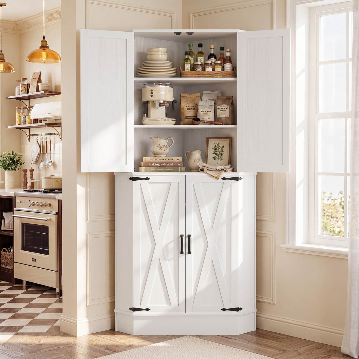70" Tall Corner Pantry Cabinet, Farmhouse Kitchen Storage Cupboard with 4 Barn Doors, Drawer & Adjustable Shelves