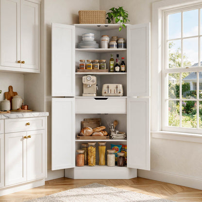 70" Tall Corner Pantry Cabinet, Farmhouse Kitchen Storage Cupboard with 4 Barn Doors, Drawer & Adjustable Shelves