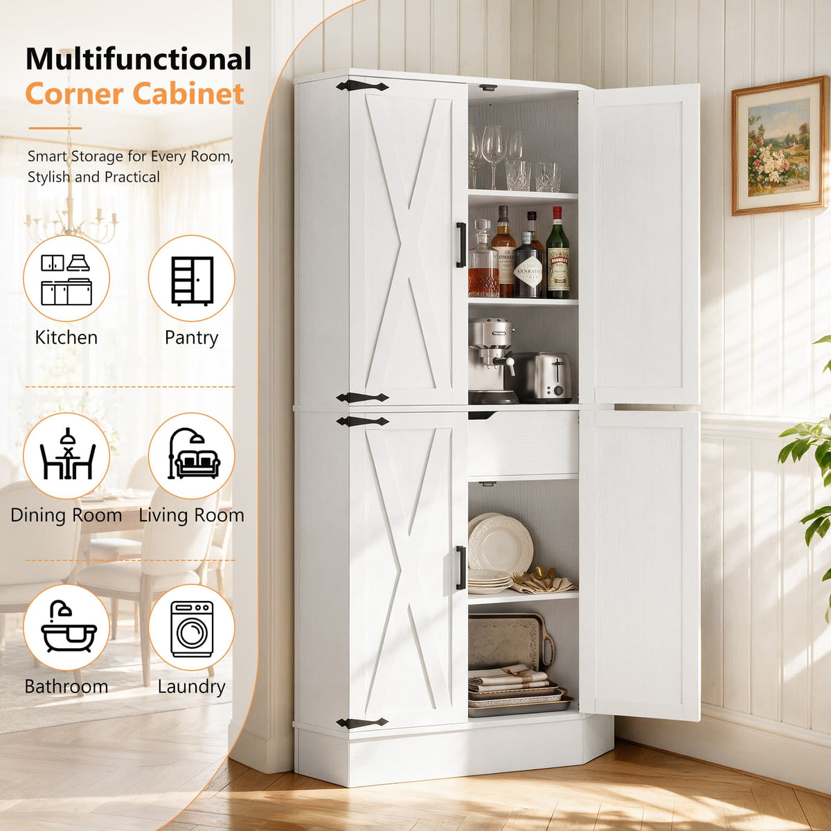 70" Tall Corner Pantry Cabinet, Farmhouse Kitchen Storage Cupboard with 4 Barn Doors, Drawer & Adjustable Shelves