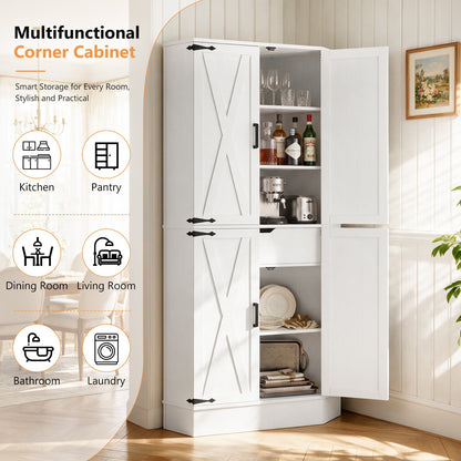 70" Tall Corner Pantry Cabinet, Farmhouse Kitchen Storage Cupboard with 4 Barn Doors, Drawer & Adjustable Shelves