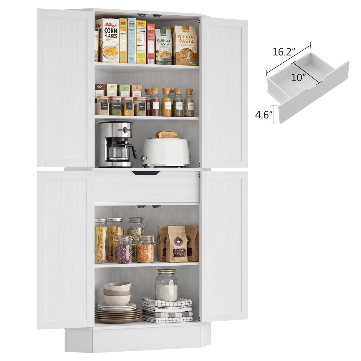 70" Tall Corner Pantry Cabinet, Farmhouse Kitchen Storage Cupboard with 4 Barn Doors, Drawer & Adjustable Shelves