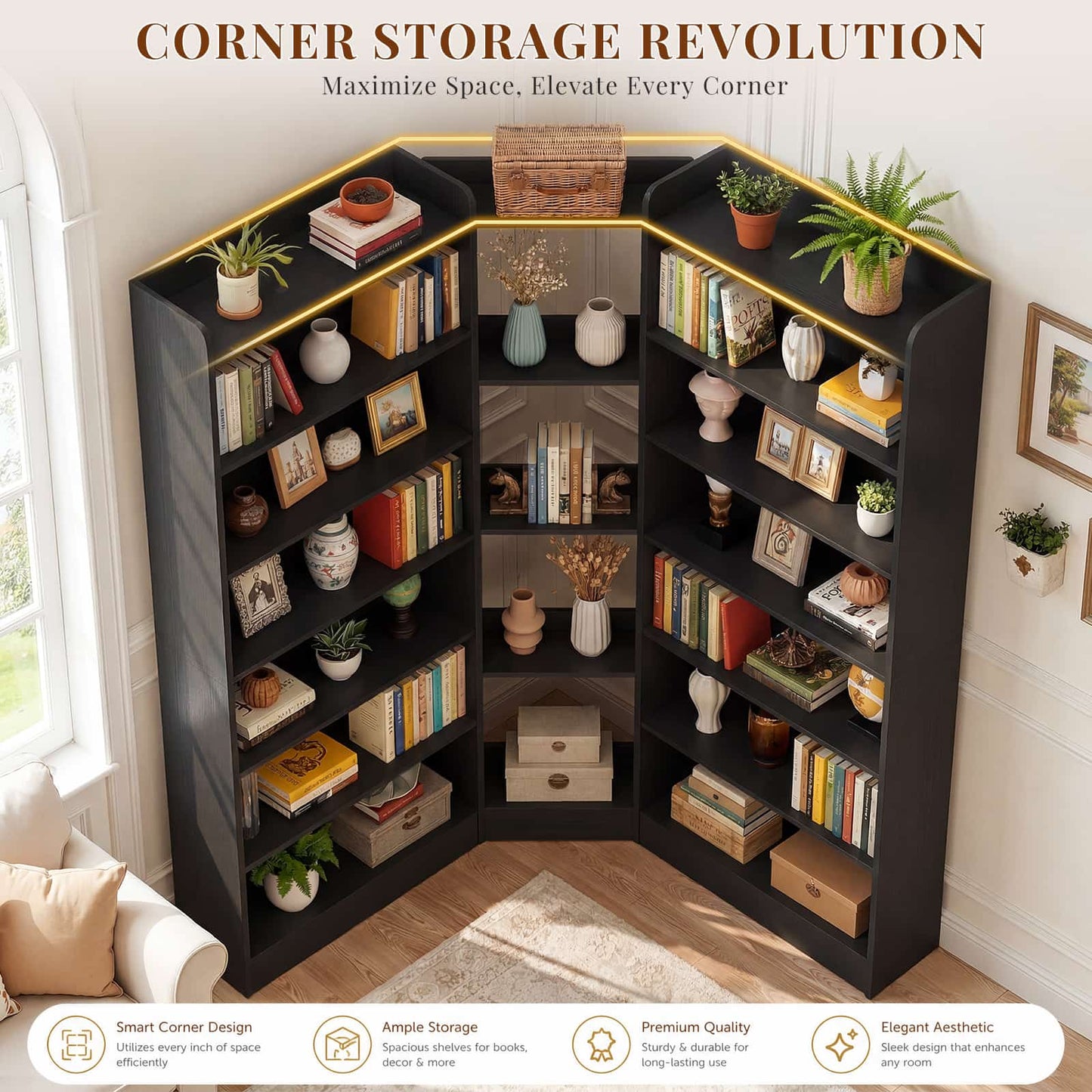 71.3'' Tall Corner Bookcase, 7-Tier L-Shaped Bookshelf with Adjustable Shelves
