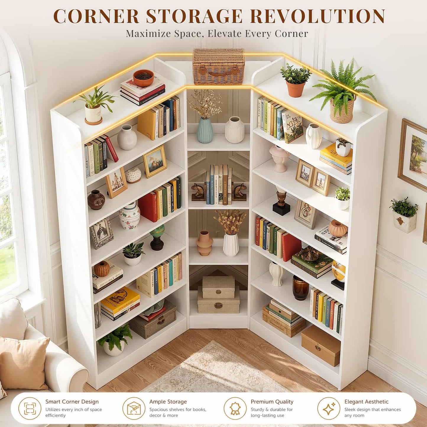 71.3'' Tall Corner Bookcase, 7-Tier L-Shaped Bookshelf with Adjustable Shelves