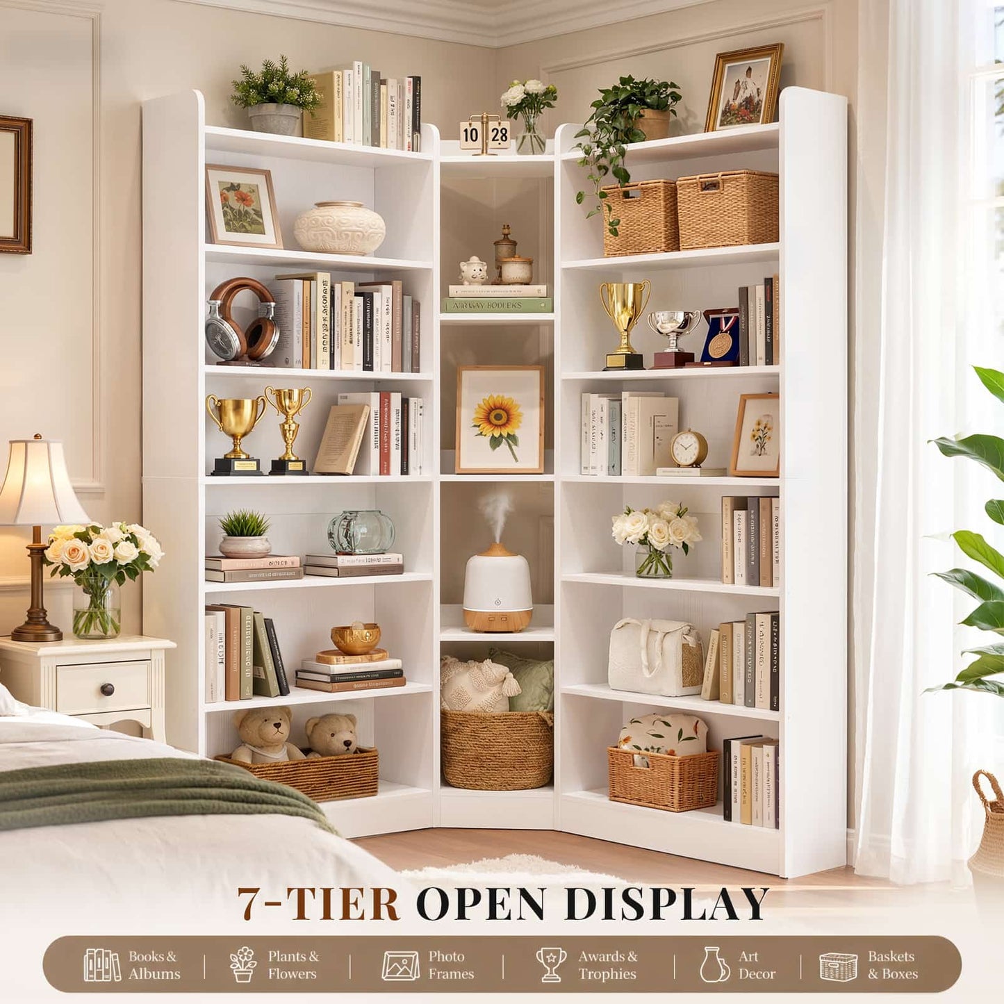 71.3'' Tall Corner Bookcase, 7-Tier L-Shaped Bookshelf with Adjustable Shelves