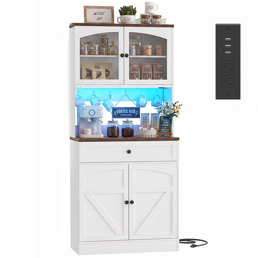 71" Tall Pantry Cabinet, Kitchen Storage with LED Light & Built-in Charging Station
