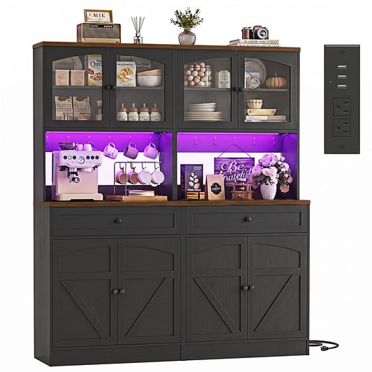 2-Piece Pantry Cabinet Set, 71" Kitchen Storage Cabinets with LED Light & Built-in Charging Station, Diamond Door Freestanding Pantry Storage for Kitchen Dining Room