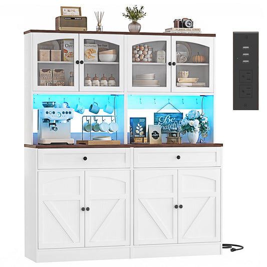 2-Piece Pantry Cabinet Set, 71" Kitchen Storage Cabinets with LED Light & Built-in Charging Station, Diamond Door Freestanding Pantry Storage for Kitchen Dining Room