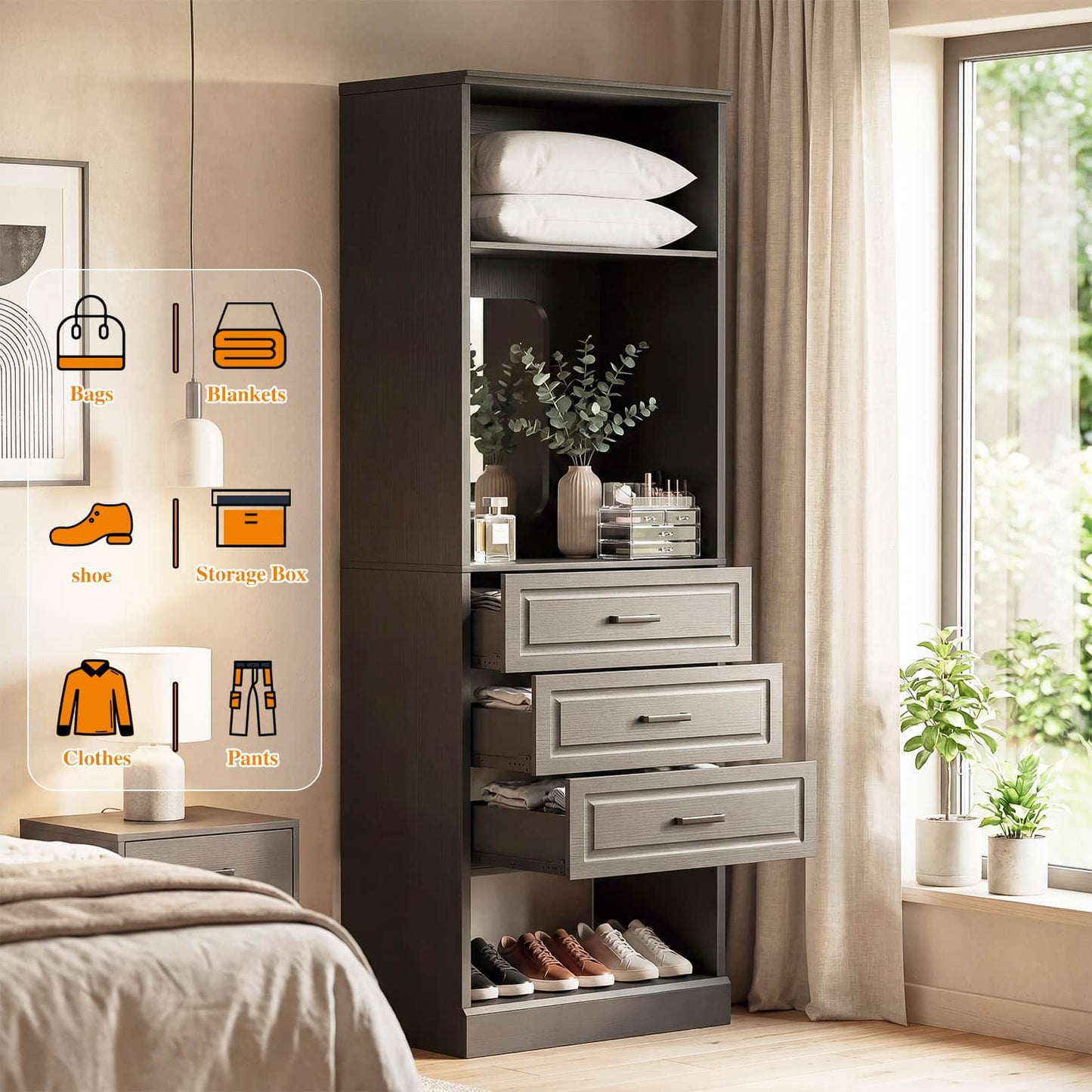 25'' Upgraded Style Closet Organizer with 3 Drawers and Mirror