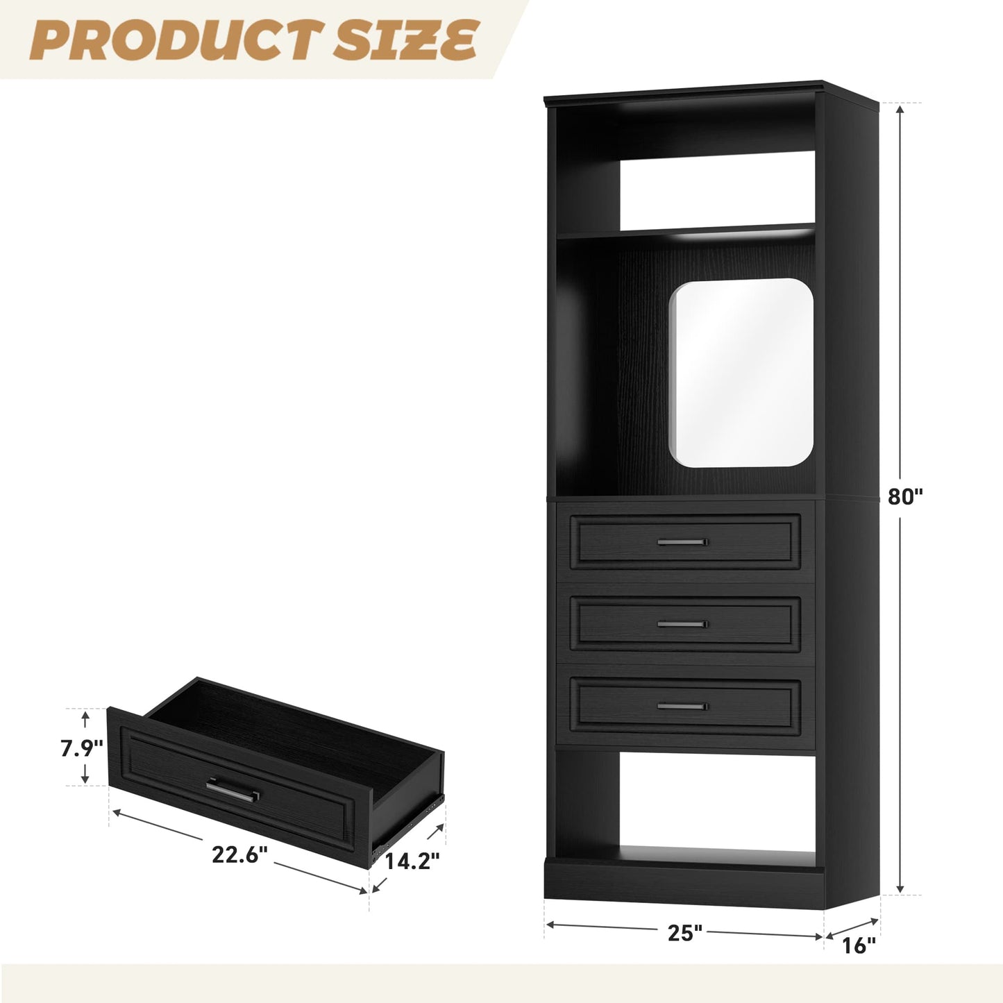25'' Upgraded Style Closet Organizer with 3 Drawers and Mirror