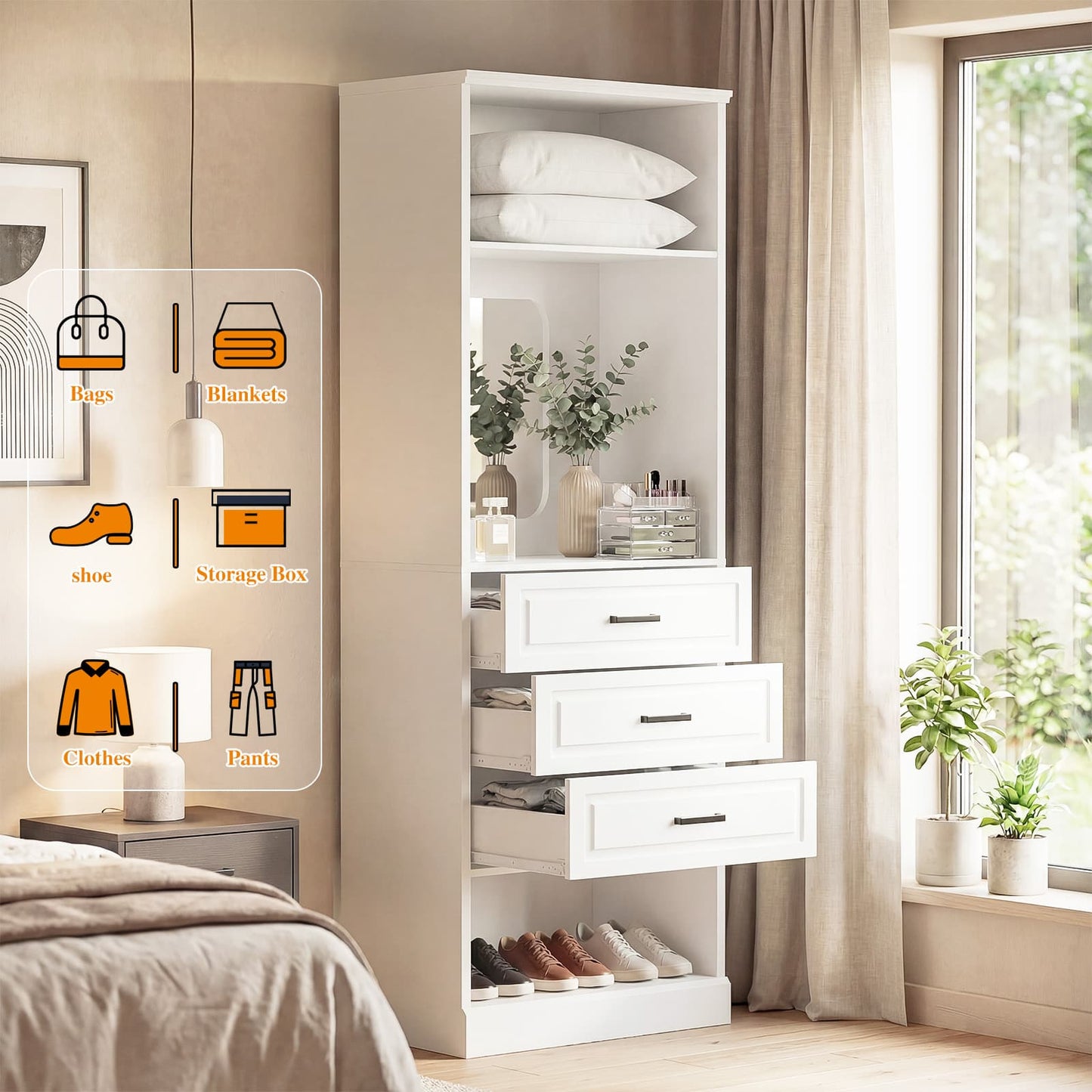 25'' Upgraded Style Closet Organizer with 3 Drawers and Mirror