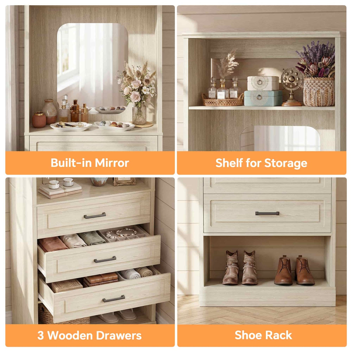 25'' Upgraded Style Closet Organizer with 3 Drawers and Mirror