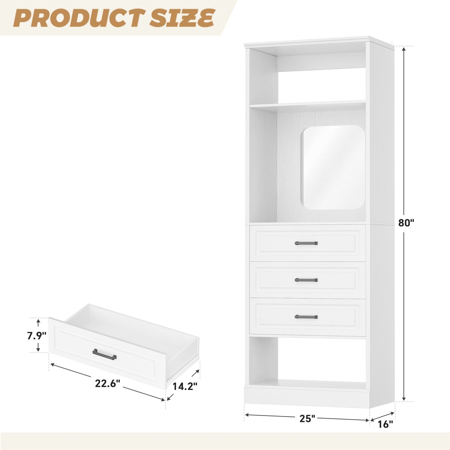 25'' Upgraded Style Closet Organizer with 3 Drawers and Mirror