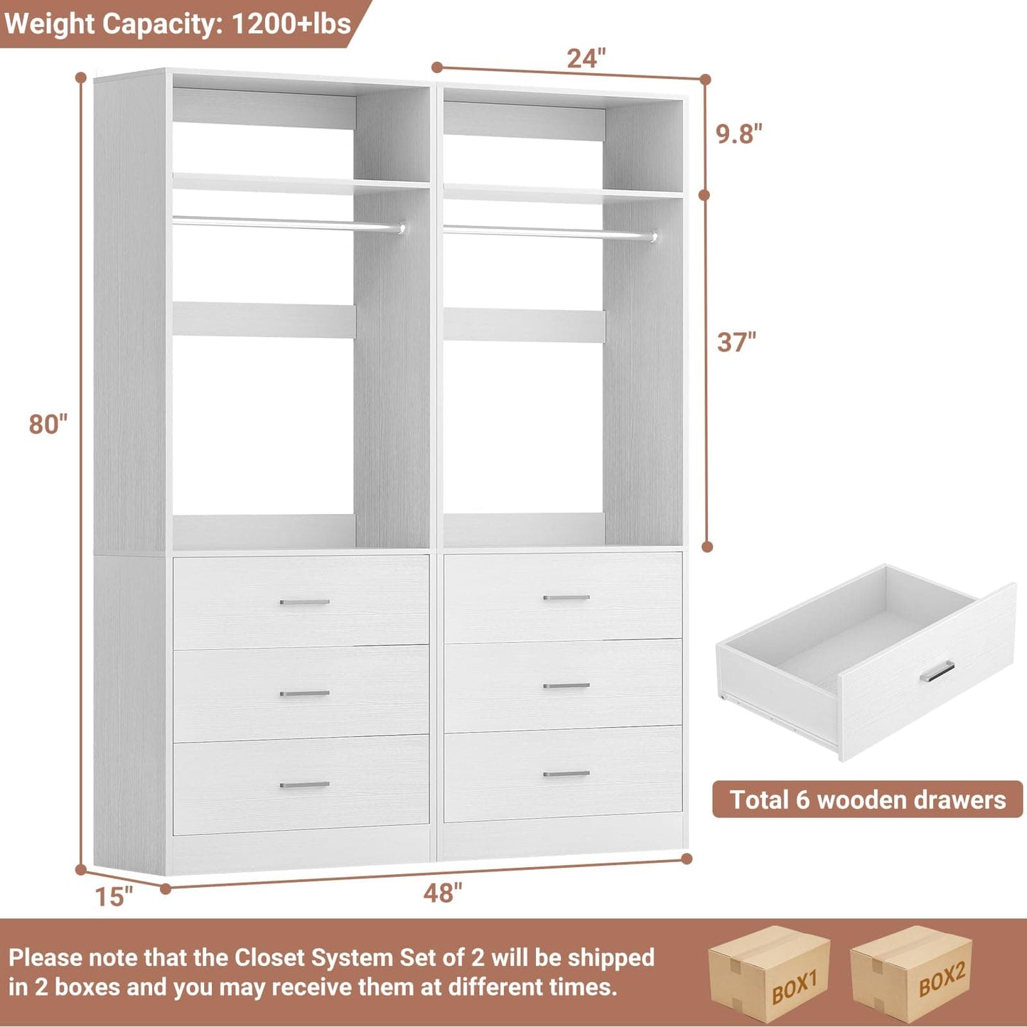 4FT (48 Inch) Closet Organizer System,Set of 2 - 6 Wood Drawers, 2 Hanging Rods & 2 Shelves