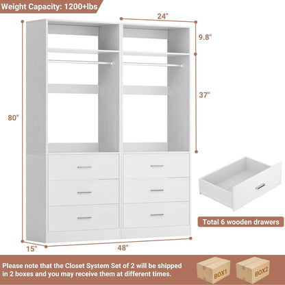 4FT (48 Inch) Closet Organizer System,Set of 2 - 6 Wood Drawers, 2 Hanging Rods & 2 Shelves