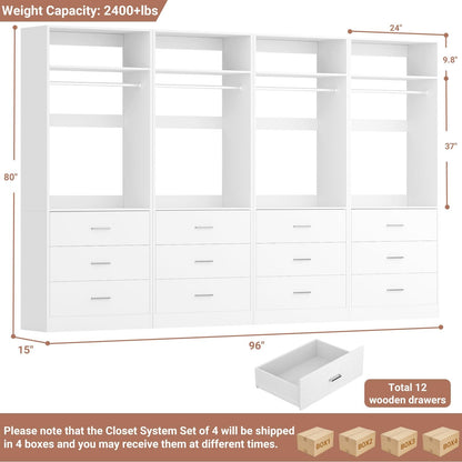 8FT (96 Inch) Closet Organizer System,Set of 4 - 12 Wood Drawers, 4 Hanging Rods & 4 Shelves