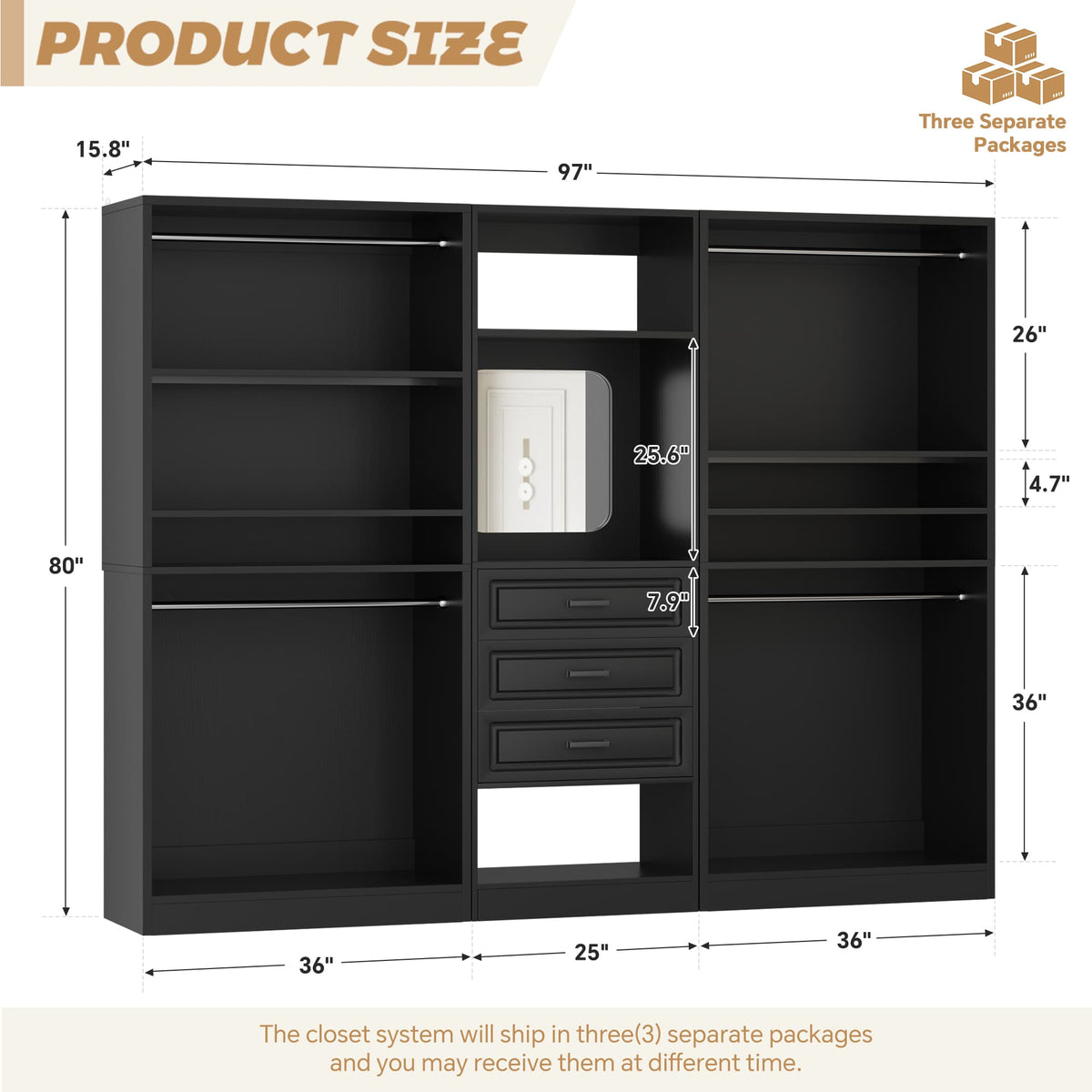 3-in-1 Closet Storage Unit with 3 Drawers and 4 Hanging Rods