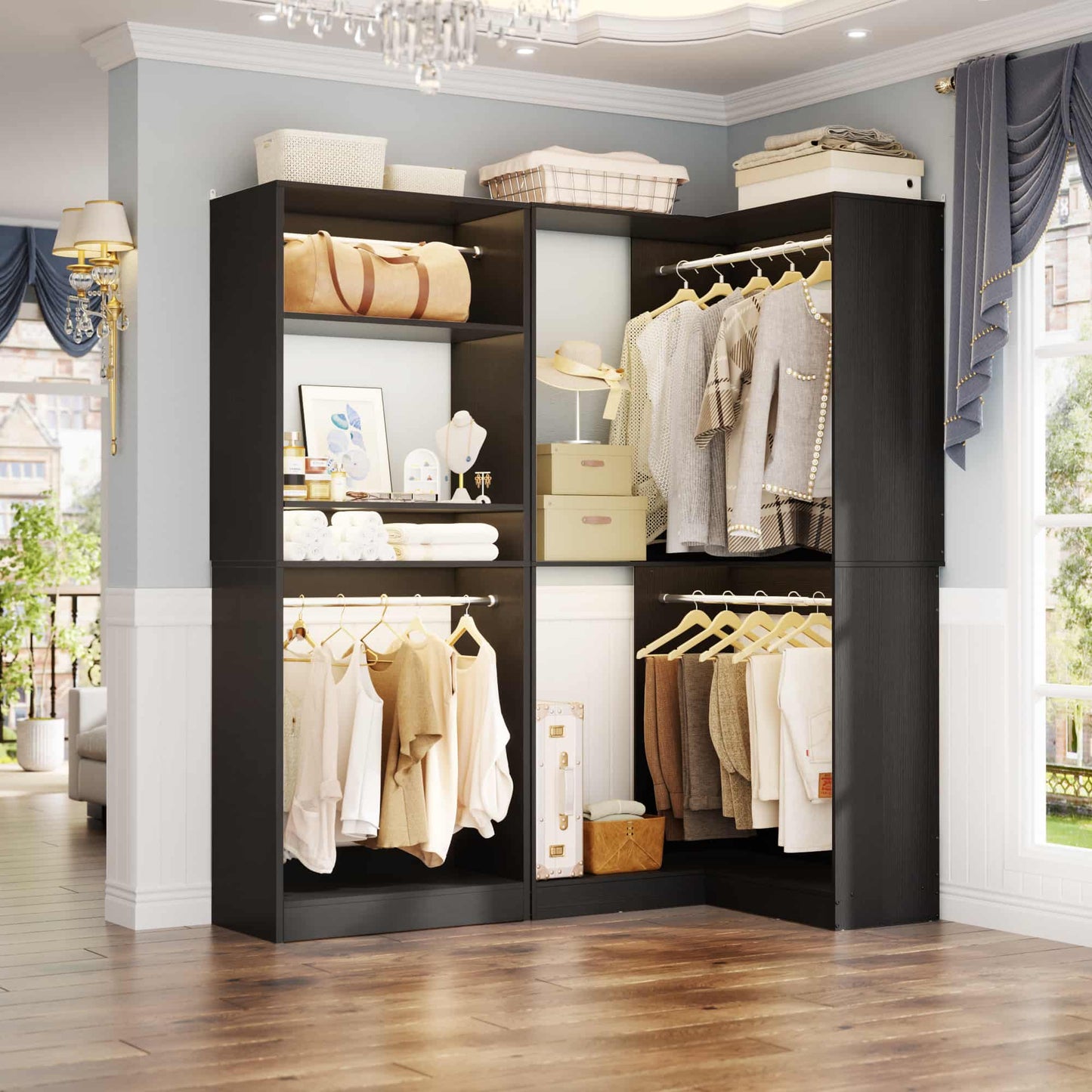 56.5'' x 31.5 Corner Closet Organizer and Storage System with 4 Hanging Rods and Shelves