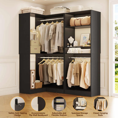 56.5'' x 31.5 Corner Closet Organizer and Storage System with 4 Hanging Rods and Shelves