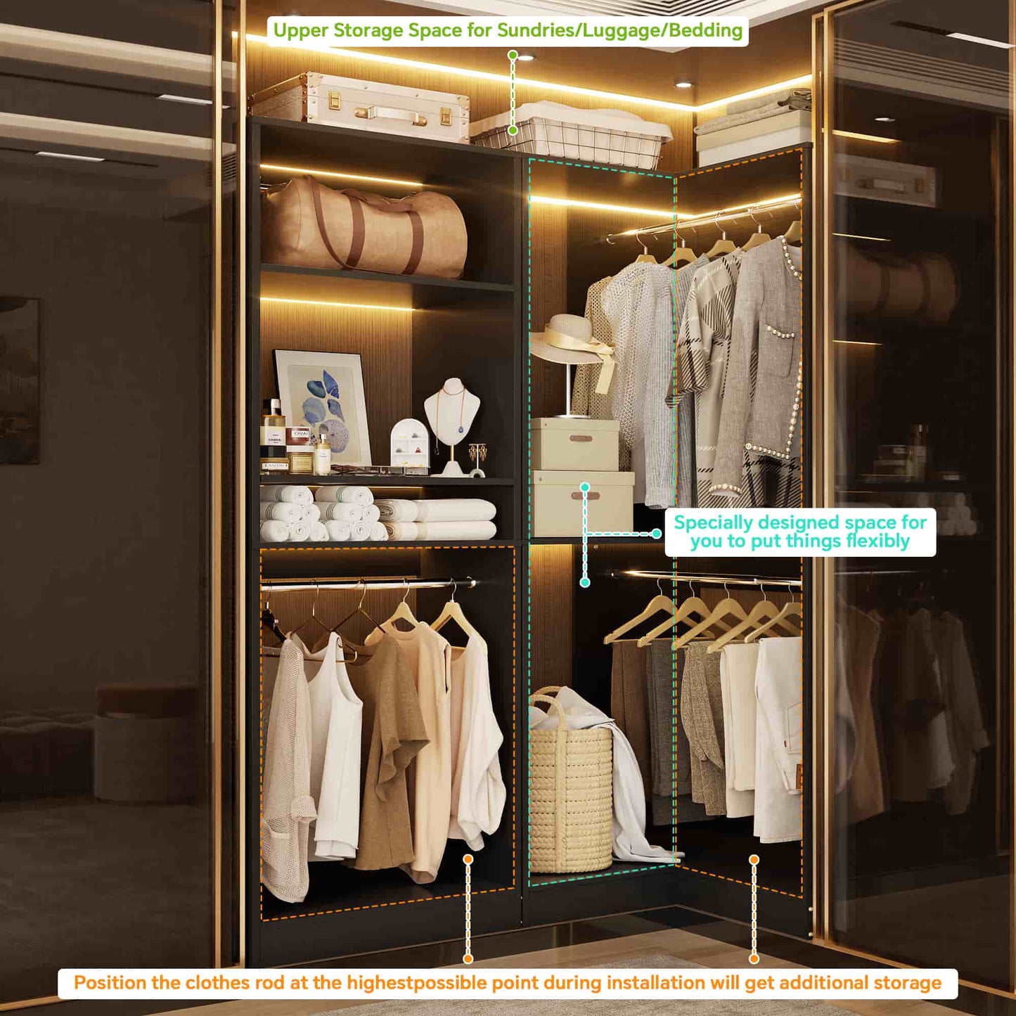 56.5'' x 31.5 Corner Closet Organizer and Storage System with 4 Hanging Rods and Shelves