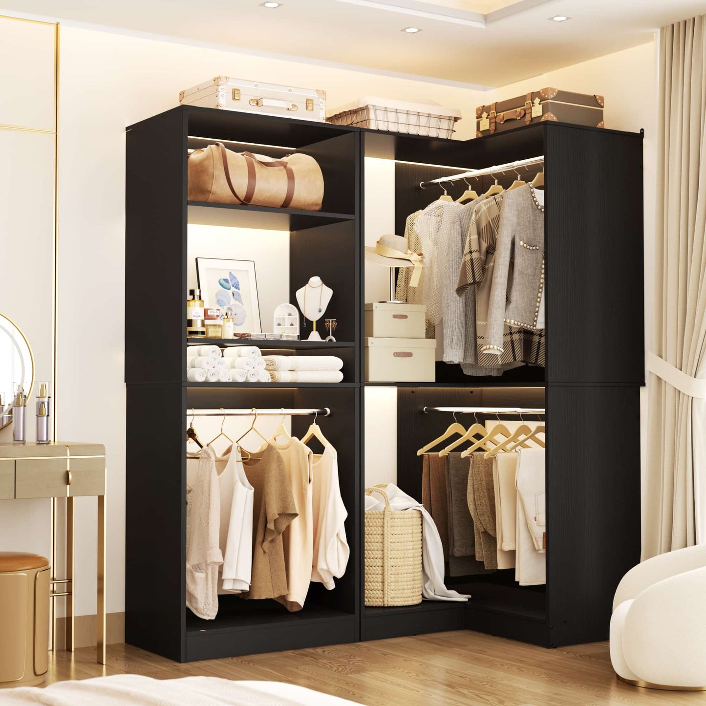 56.5'' x 31.5 Corner Closet Organizer and Storage System with 4 Hanging Rods and Shelves
