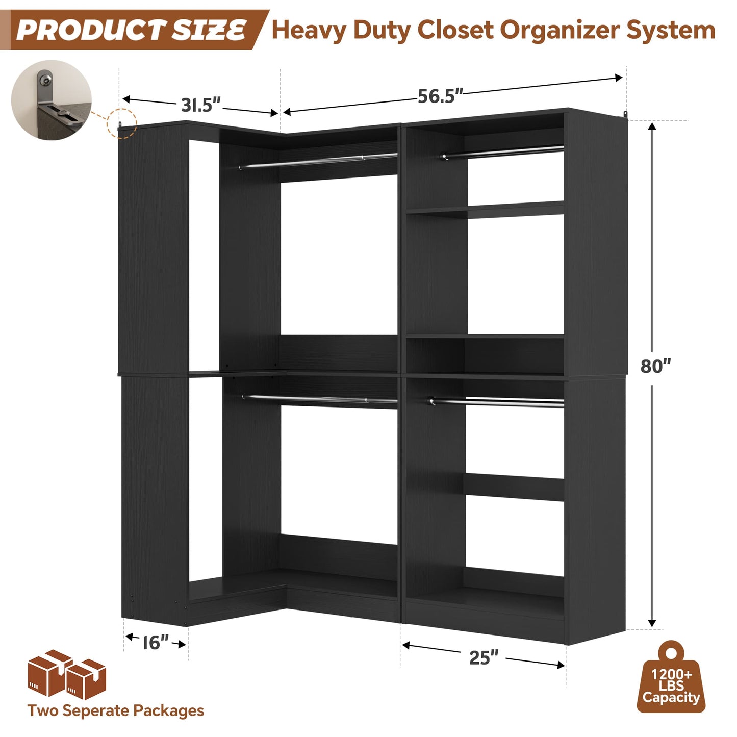 56.5'' x 31.5 Corner Closet Organizer and Storage System with 4 Hanging Rods and Shelves