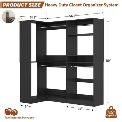 56.5'' x 31.5 Corner Closet Organizer and Storage System with 4 Hanging Rods and Shelves
