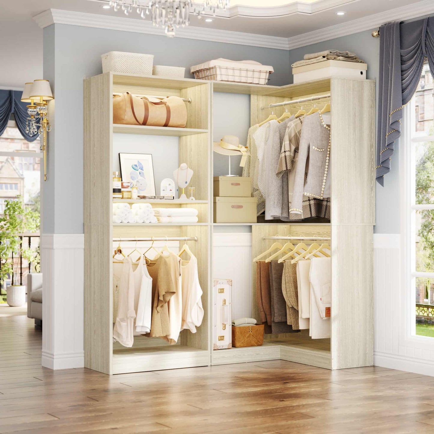56.5'' x 31.5 Corner Closet Organizer and Storage System with 4 Hanging Rods and Shelves