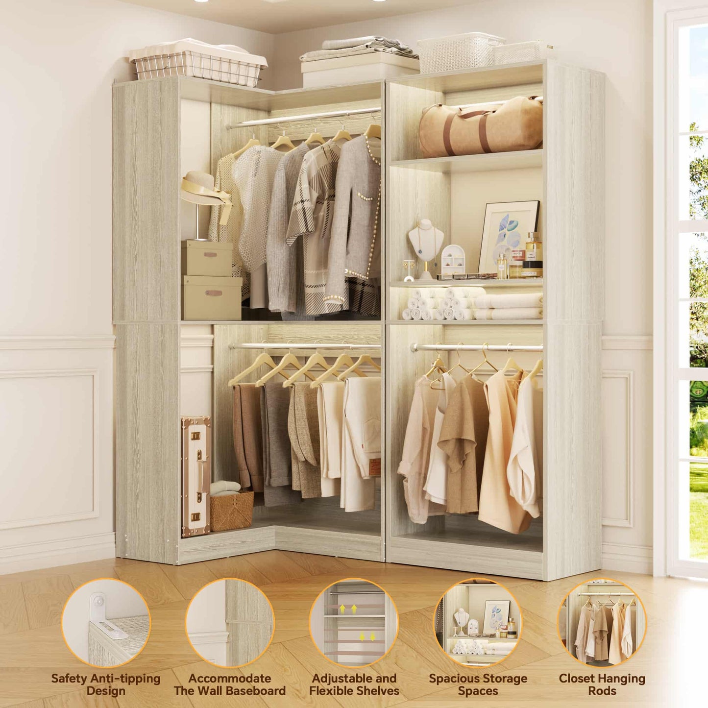 56.5'' x 31.5 Corner Closet Organizer and Storage System with 4 Hanging Rods and Shelves