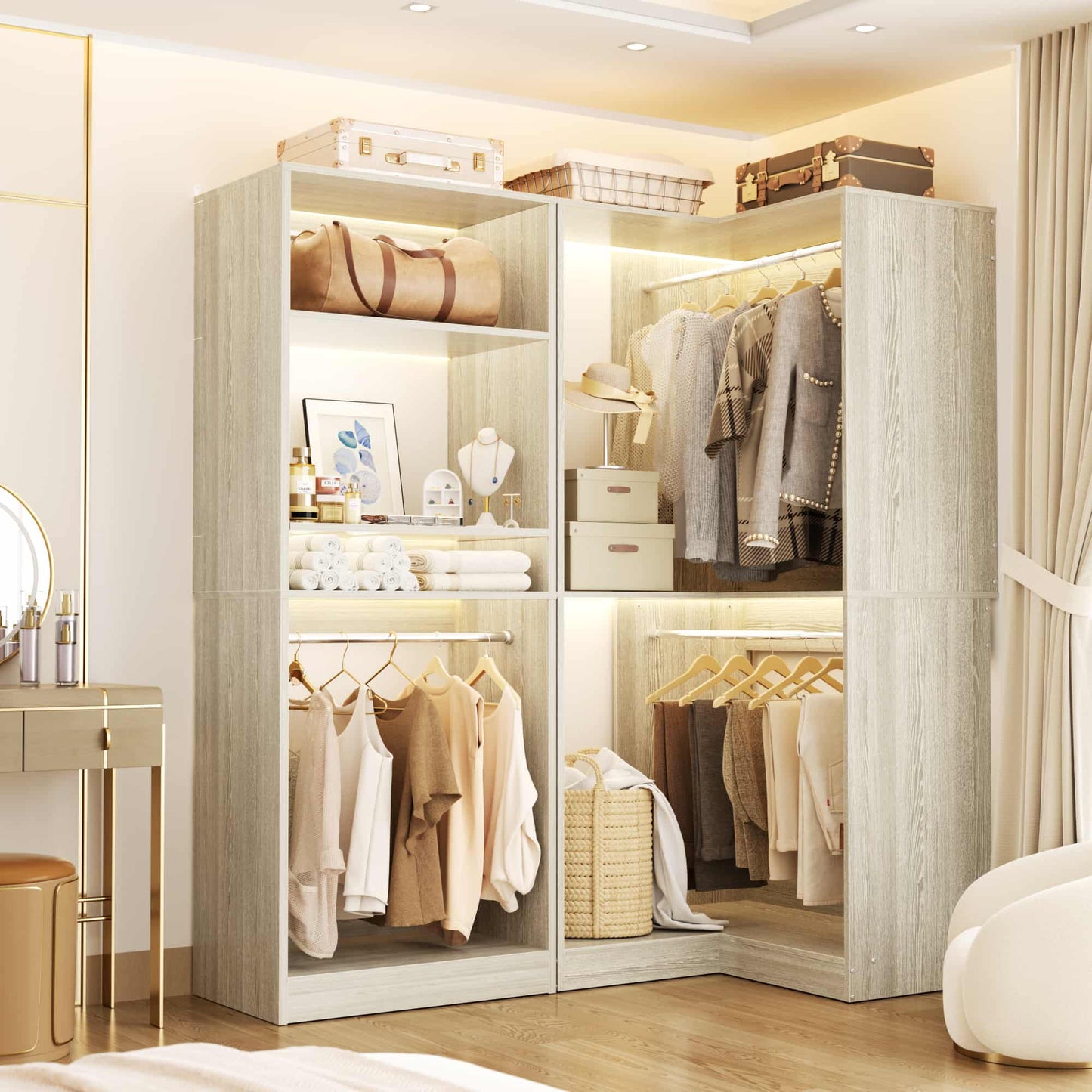 56.5'' x 31.5 Corner Closet Organizer and Storage System with 4 Hanging Rods and Shelves
