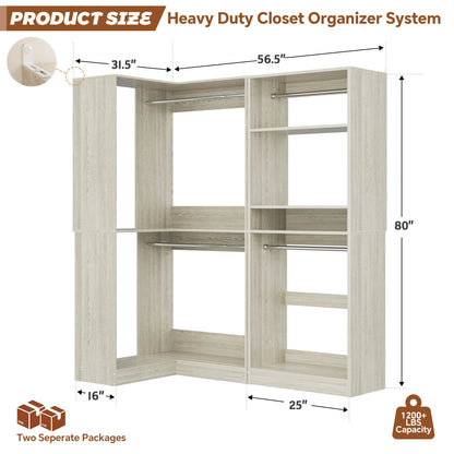 56.5'' x 31.5 Corner Closet Organizer and Storage System with 4 Hanging Rods and Shelves