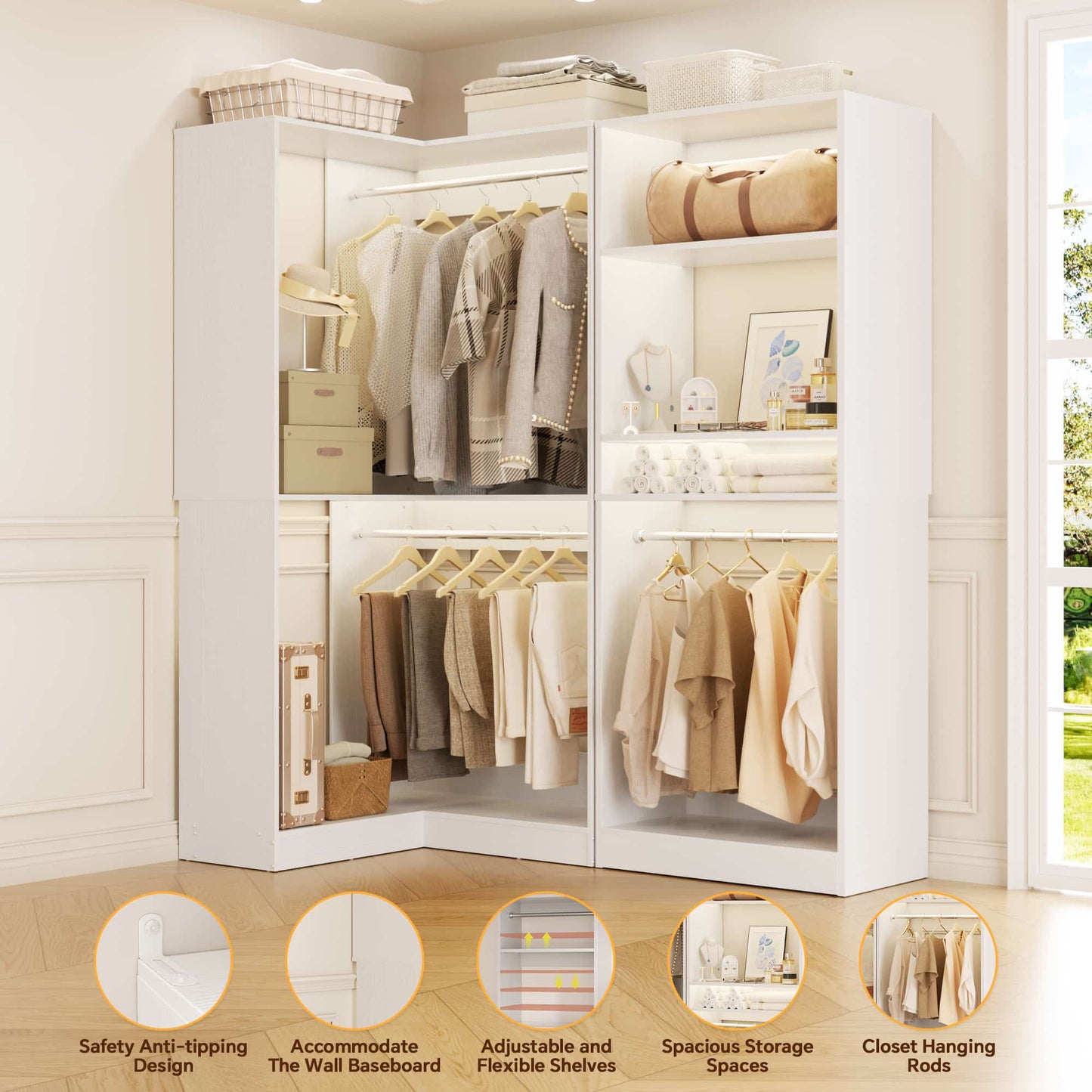 56.5'' x 31.5 Corner Closet Organizer and Storage System with 4 Hanging Rods and Shelves