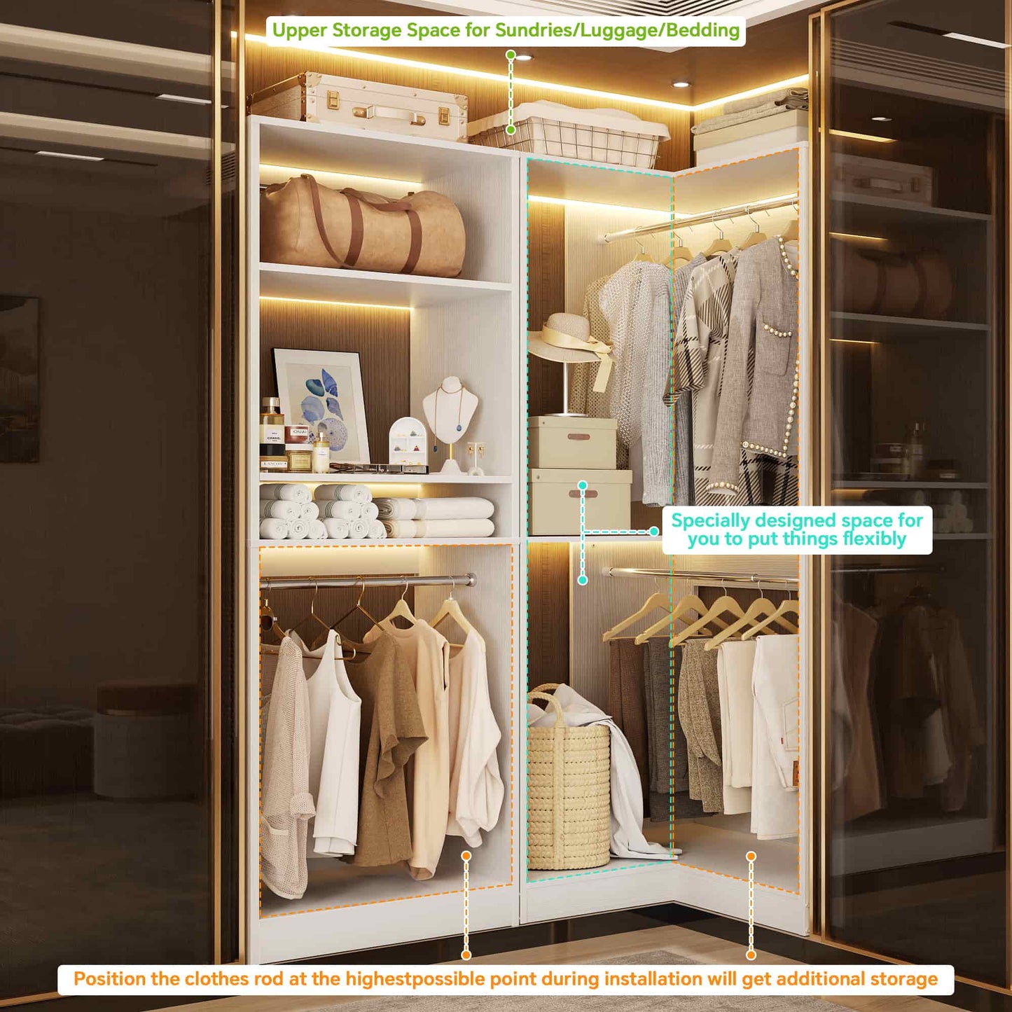 56.5'' x 31.5 Corner Closet Organizer and Storage System with 4 Hanging Rods and Shelves